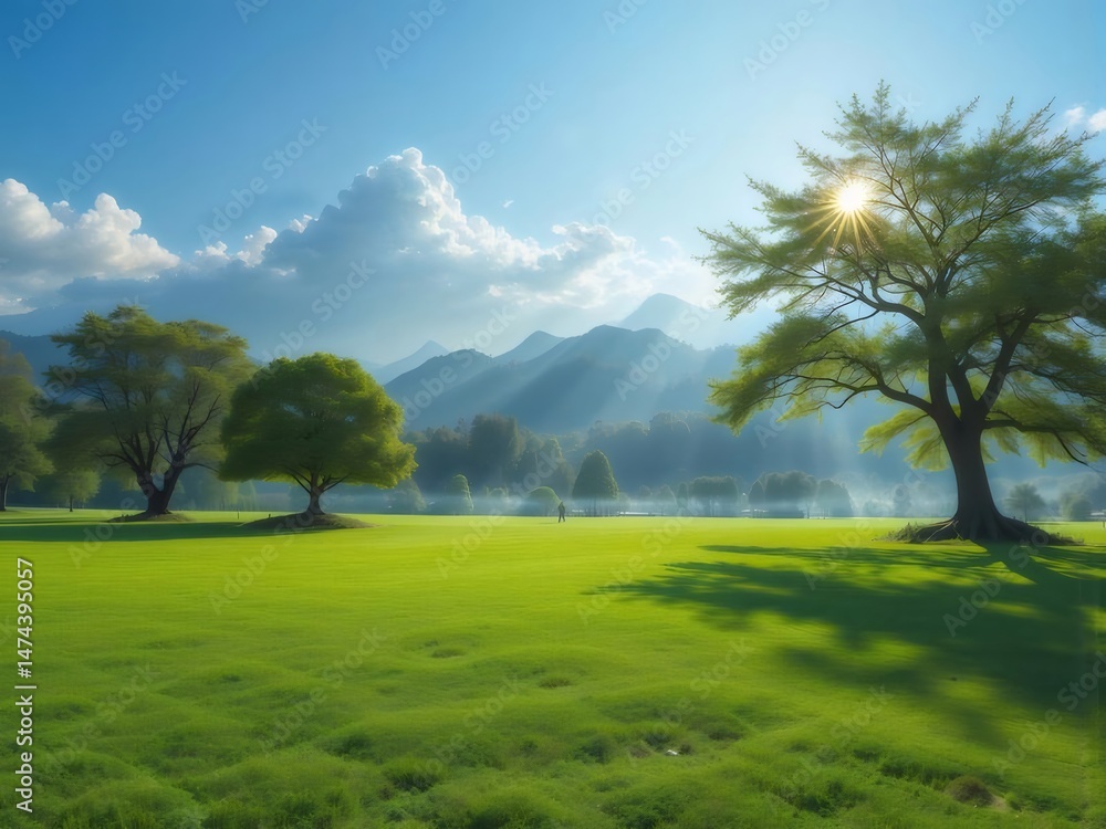 Aufkleber 晴れた日の緑の牧草地と木々 山の背景に太陽の光が差し込む風景