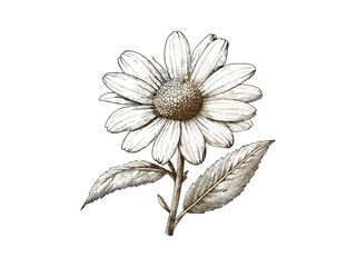 Antique engraving of daisy flower in bloom, vintage botanical illustration, retro floral print, hand-drawn nature decor, spring and summer flower, black sketch, trendy vintage art, home decor