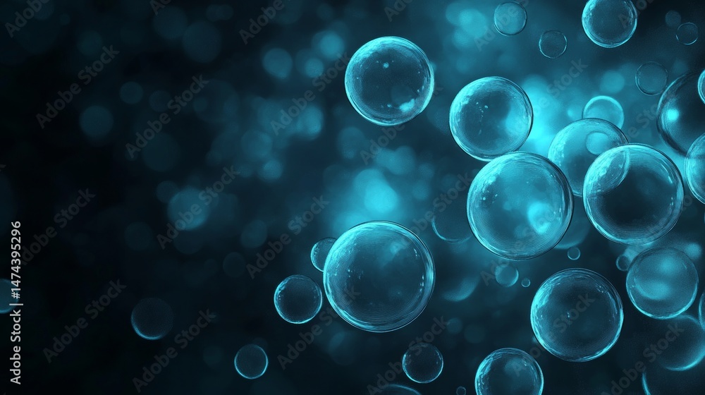 Poster abstract blue bubbles background with depth of field and light effects