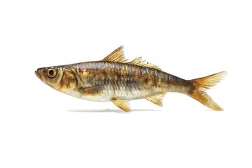 Close-up of a small, slender fish with golden-brown scales against a white background.
