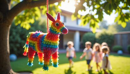 Colorful pi&ntilde;ata hanging in garden with children playing nearby  