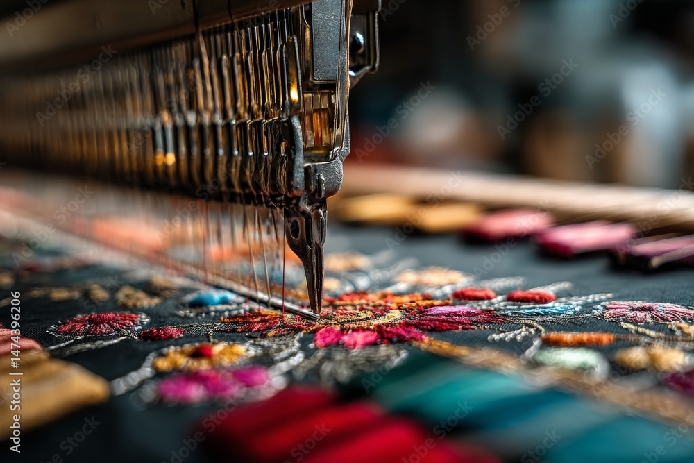 Aufkleber Close-up view of embroidery machine stitching colorful floral patterns on fabric during textile craft in a workshop