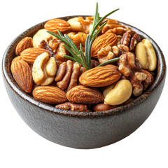 Mixed nuts in bowl almonds walnuts pecans cashews healthy snack food photo on transparent background