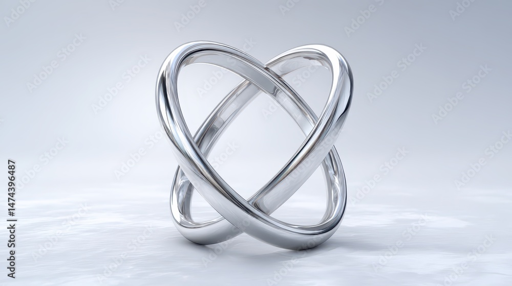 Poster interlinked chrome rings float gracefully against a soft white background, creating a striking visua