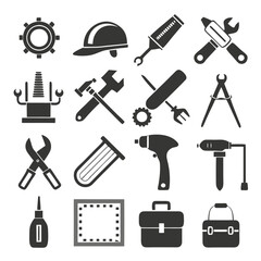Collection of sixteen black and white construction tool icons