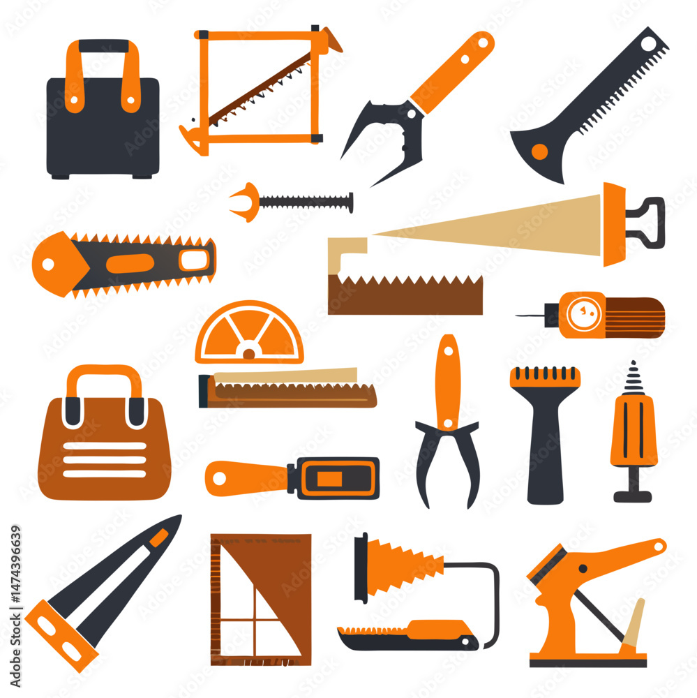 Poster flat vector illustration showcasing various tools and toolboxes set