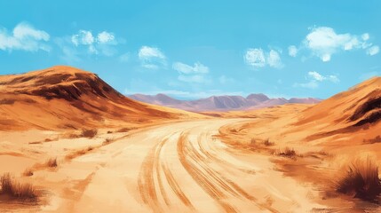 Naklejka premium A track in the middle of the desert, perfectly empty, with sand dunes surrounding it in an artistic composition