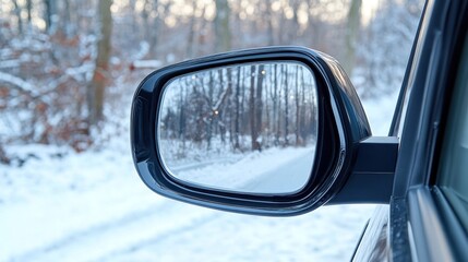 Obraz premium Winter road, snowy forest mirror reflection