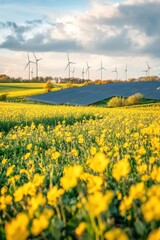 Renewable Energy Landscape Featuring Solar Panels and Wind Turbines Amidst a Field of Yellow Flowers at Sunset