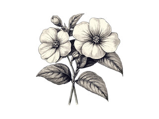 Hand-drawn Impatiens flower engraving, vintage botanical design, antique floral print, trendy sketch, retro flora, summer flower, Black sketch, spring bloom, nature art, engraving print