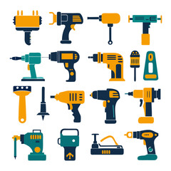 Collection of colorful stylized power tools in flat design