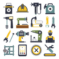 Vector illustration of construction tools and building worker icons