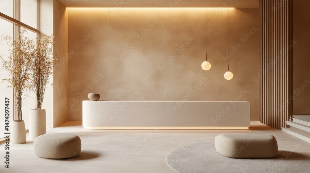 Poster a tranquil hotel reception area featuring soft lighting, plush seating, and a minimalist front desk,