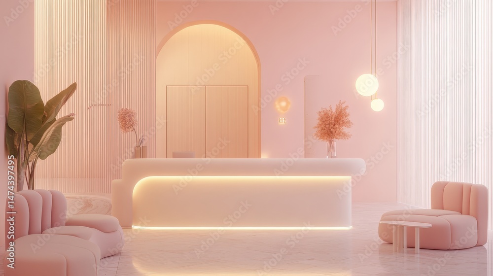 Poster a tranquil hotel reception area featuring soft lighting, plush seating, and a minimalist front desk,