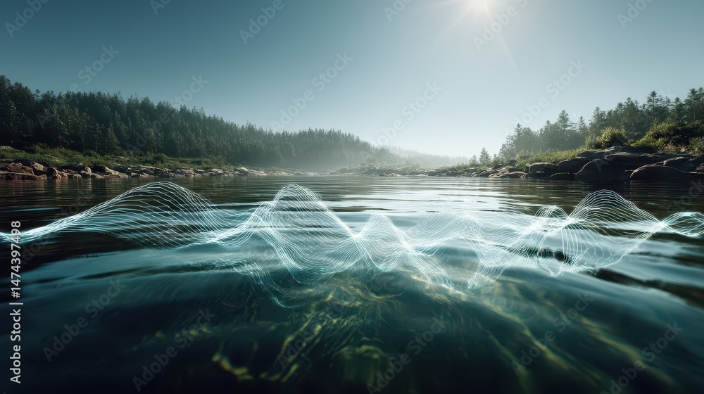 Poster the calm lake is adorned with gentle waves that softly spread across its surface. lush trees and hil