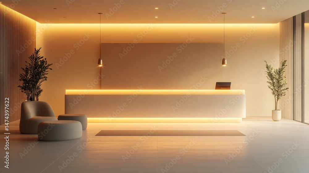 Poster a tranquil hotel reception area featuring soft lighting, plush seating, and a minimalist front desk,