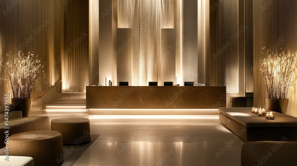 Poster a tranquil hotel reception area featuring soft lighting, plush seating, and a minimalist front desk,