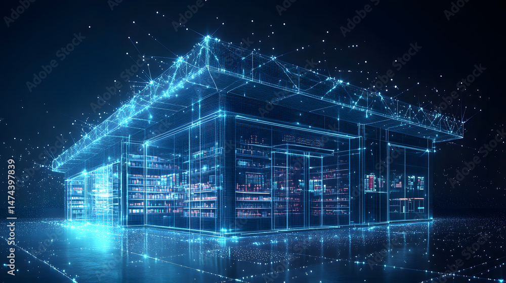 Aufkleber Futuristic data center visualization with glowing blue wireframe architecture. Represents digital connectivity, data flow, and server infrastructure. Abstract wireframe in dark blue.