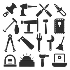 Vector collection of assorted hand tools in dark grey scale