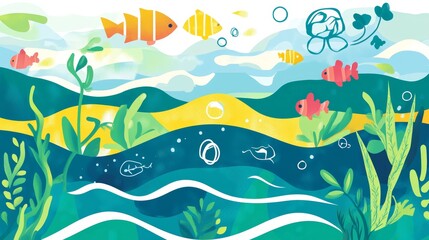 Obraz premium Whimsical underwater world illustration with colorful fish and aquatic plants