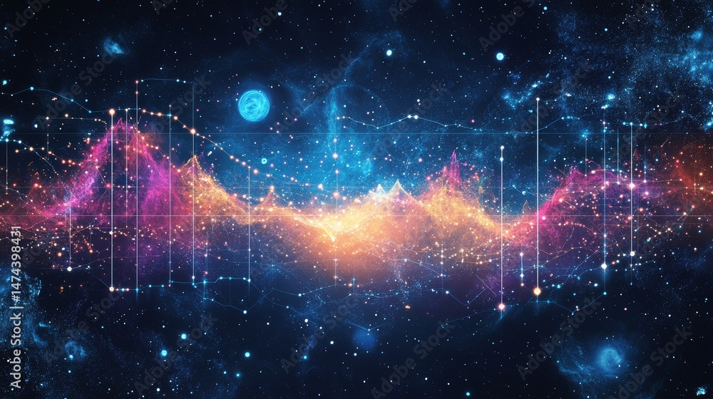 Poster cosmic network: interconnected data visualization in a starry universe