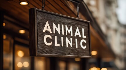 A welcoming pet clinic features a wooden sign displaying the words Animal Clinic. The comfortable atmosphere encourages pet owners to seek care for their pets, ensuring excellent service