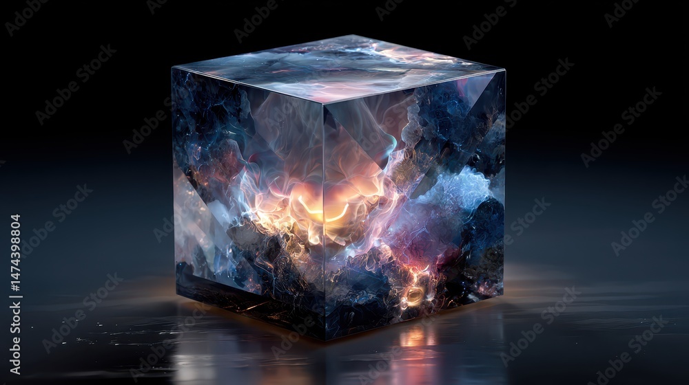 Poster a cube with dynamic and colorful animated surface patterns hovers alone in a darkened space, creatin