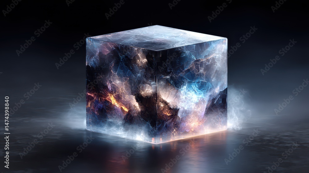 Poster a cube hovers in a dimly lit area, featuring dynamic surface patterns that shift and pulse with colo