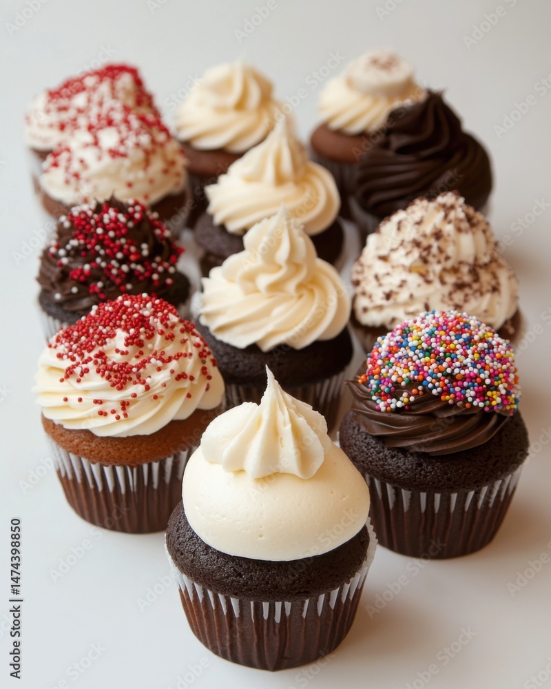 Poster assorted cupcakes with various toppings close up studio shot on white background for dessert or part