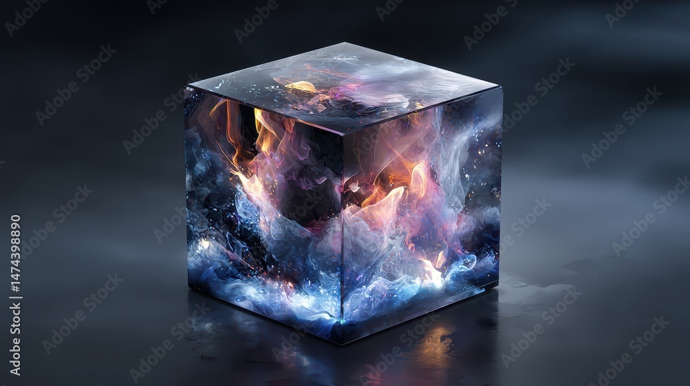 Poster a cube exhibits mesmerizing animated surface patterns while hovering in a dimly lit environment. the