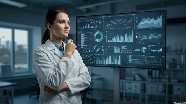 Female scientist in a white lab coat thoughtfully analyzes complex data visualizations displayed on a large digital screen in a high-tech research facility, focused on data-driven discovery - Powered by Adobe