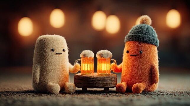 3d illustration, cute cartoon friends enjoying draft beer at pub,photo stocks