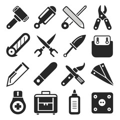 Set of black and white tools and equipment icons