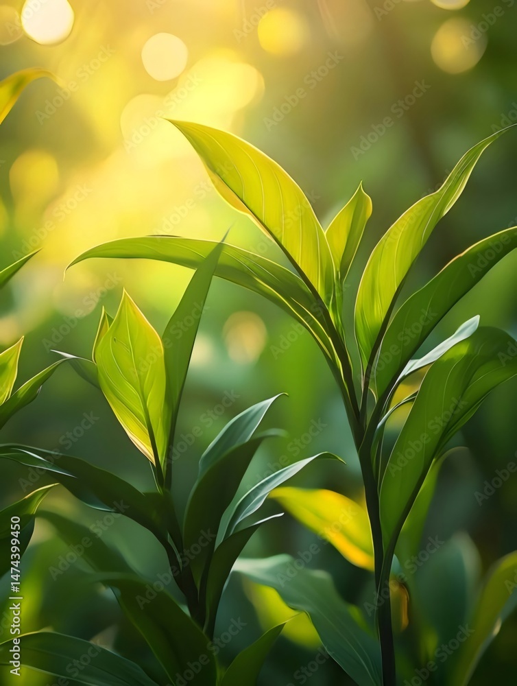 Poster 黄金色の光が降り注ぐ緑豊かな葉 鮮やかな植物のクローズアップ 環境と自然の美しさを捉えた穏やかな庭の背景
