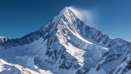 Obraz premium Panoramic view of majestic, snow-covered mountains against a clear blue sky, capturing the essence of a serene winter alpine landscape