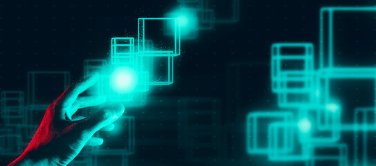 The hand of a businessman interactive touching a holographic of a financial network, symbolizing the possession of technology artificial intelligence