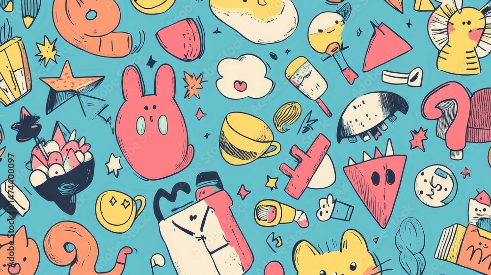Poster a whimsical doodle pattern filled with hand-drawn cute objects and playful elements, perfect for a f