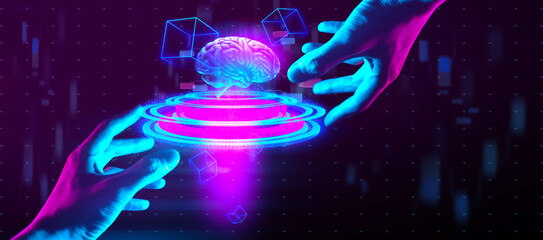 The hand of a businessman interactive touching a holographic of a financial network, symbolizing the possession of technology artificial intelligence