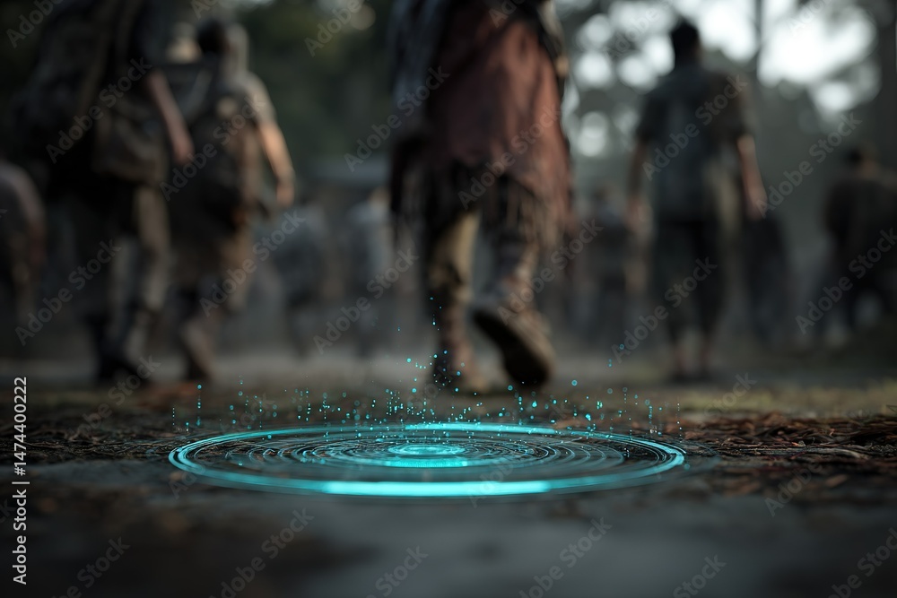 Poster group of travelers walking through a forest with glowing circular patterns on the ground at dusk nea
