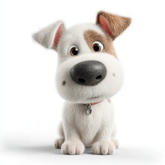 Obraz premium Cartoon dog with a soft, fluffy coat and oversized eyes sits adorably on a clean white background, exuding a cheerful and playful demeanor that appeals to all dog lovers