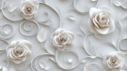 A whimsical rose floral pattern with delicate vines curling into intricate spirals, interwoven with softly blooming roses