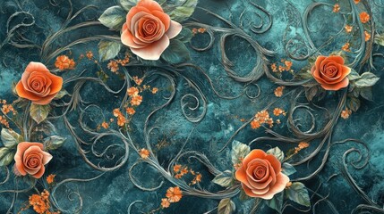 A whimsical rose floral pattern with delicate vines curling into intricate spirals, interwoven with softly blooming roses