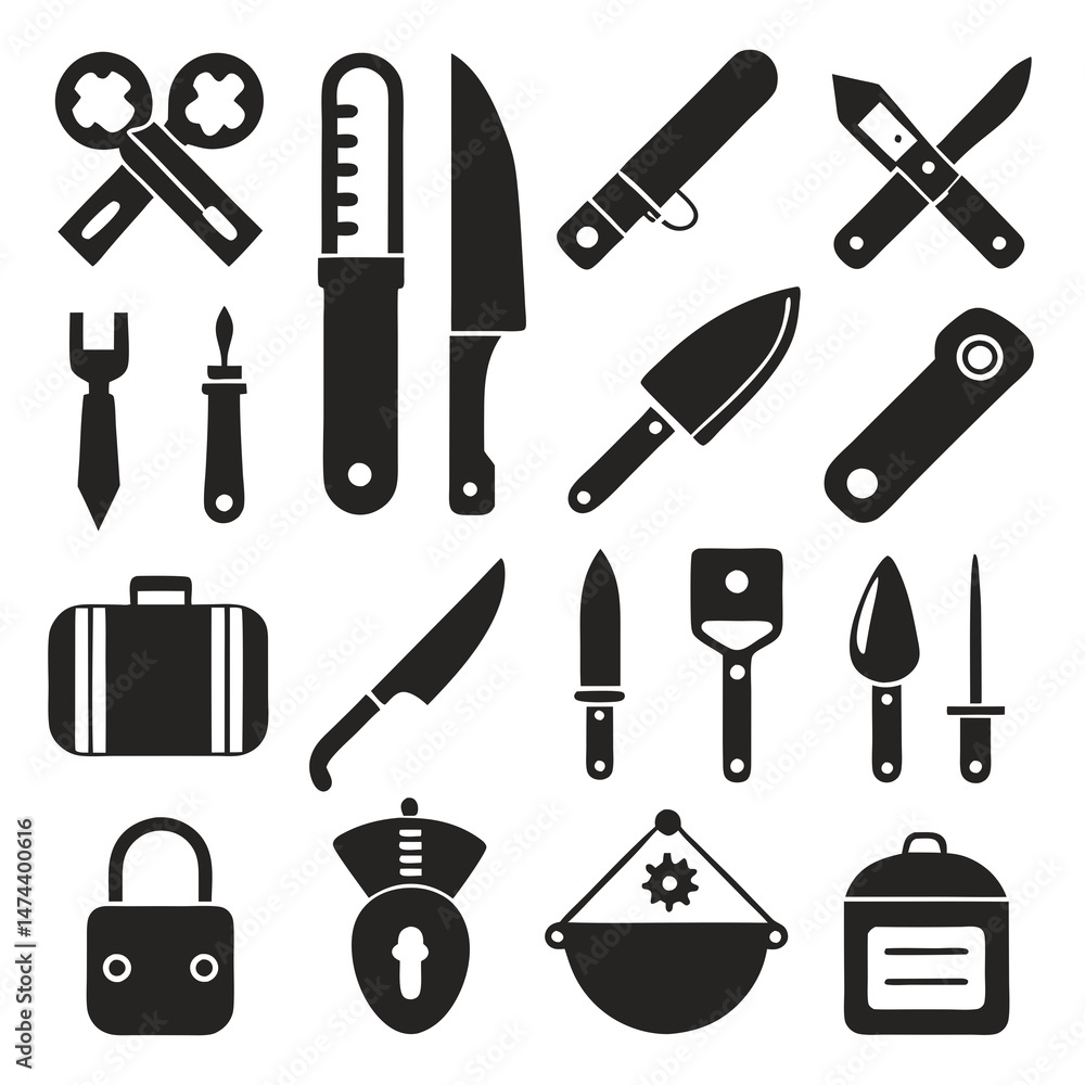Poster monochrome tools and security icons arranged in a pattern