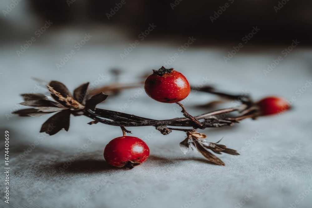 Poster unique rustic crown made of twigs and red berries placed on a textured surface indoors