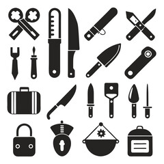 Monochrome tools and security icons arranged in a pattern