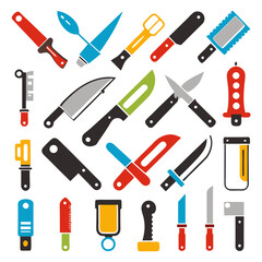 Collection of stylized kitchen knives and tools vector illustration