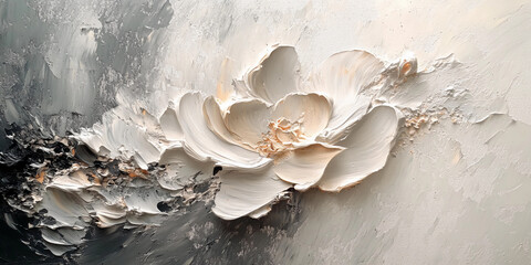 A large white flower with gold accents and soft strokes on a muted grey background, blending abstract art with floral elegance in oil painting