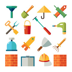 Construction and garden tools flat design vector illustration set