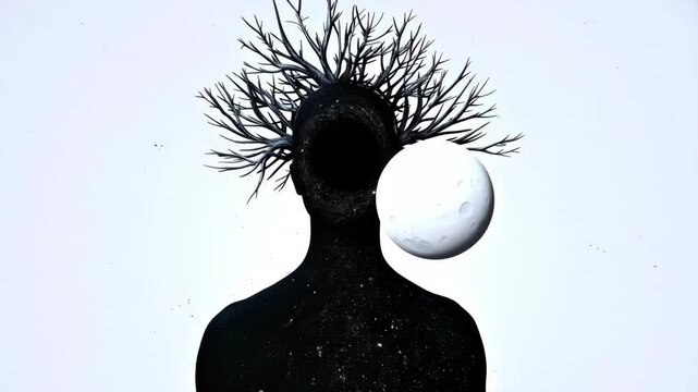 A surreal, cosmic entity stands in stark contrast against a pale, void-like background. Its form is humanoid but abstract&mdash;composed entirely of swirling, inky darkness, resembling space itself. Its fac