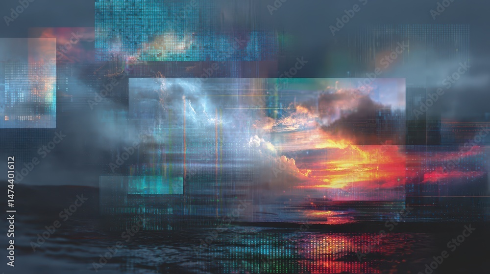 Poster layers of digital data intersect with a serene sunset over the ocean, creating a visual representati
